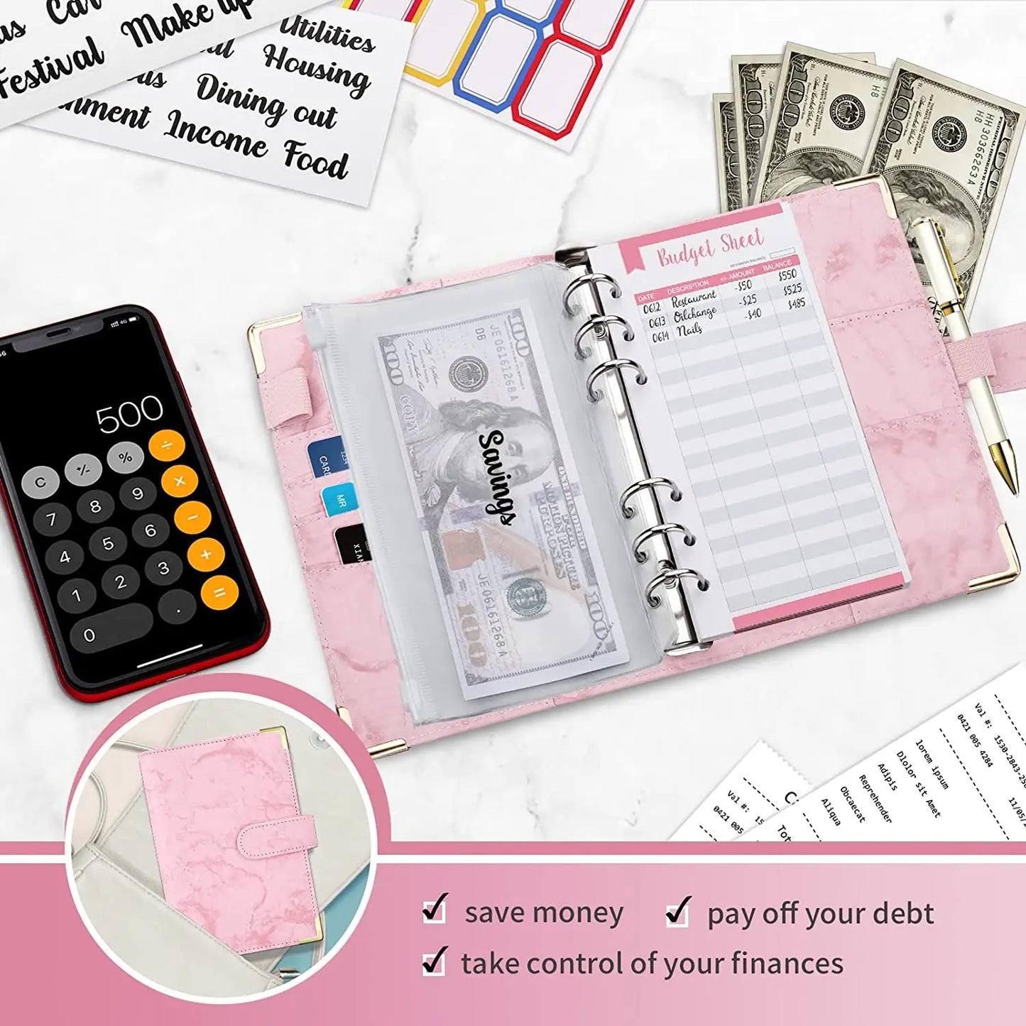 A6 PU Leather Budget Planner – Marble Notebook & Money Saving Organizer for Office, School & Personal Finance