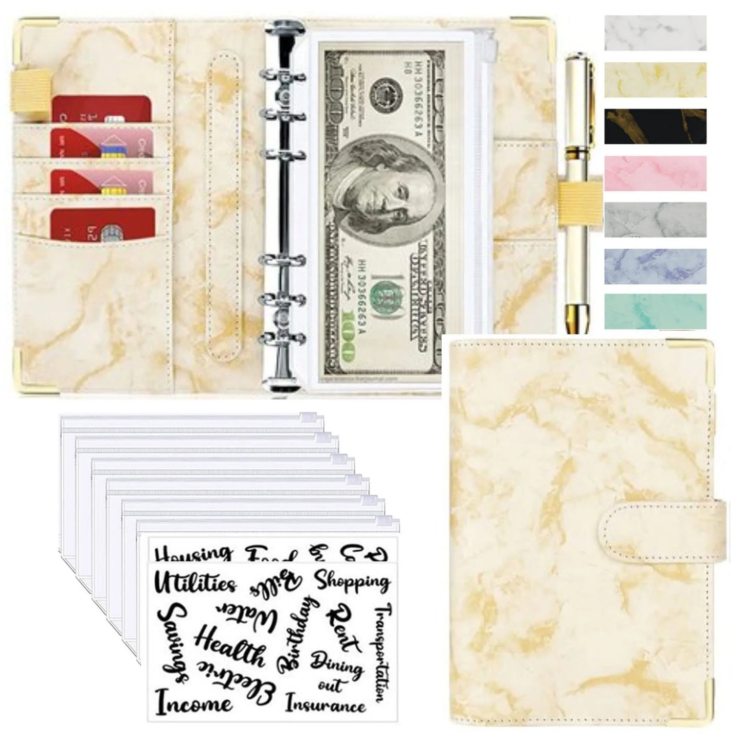 A6 PU Leather Budget Planner – Marble Notebook & Money Saving Organizer for Office, School & Personal Finance