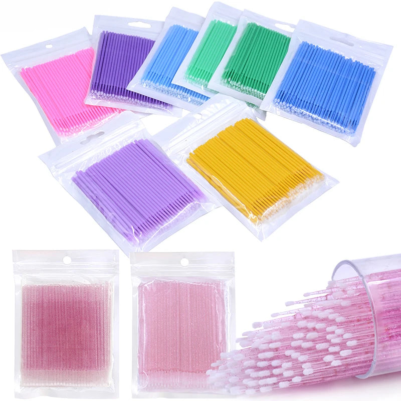 100PCS Eyelash Cleaning Brushes – Micro Cotton Swabs for Lash Extensions & Makeup Removal